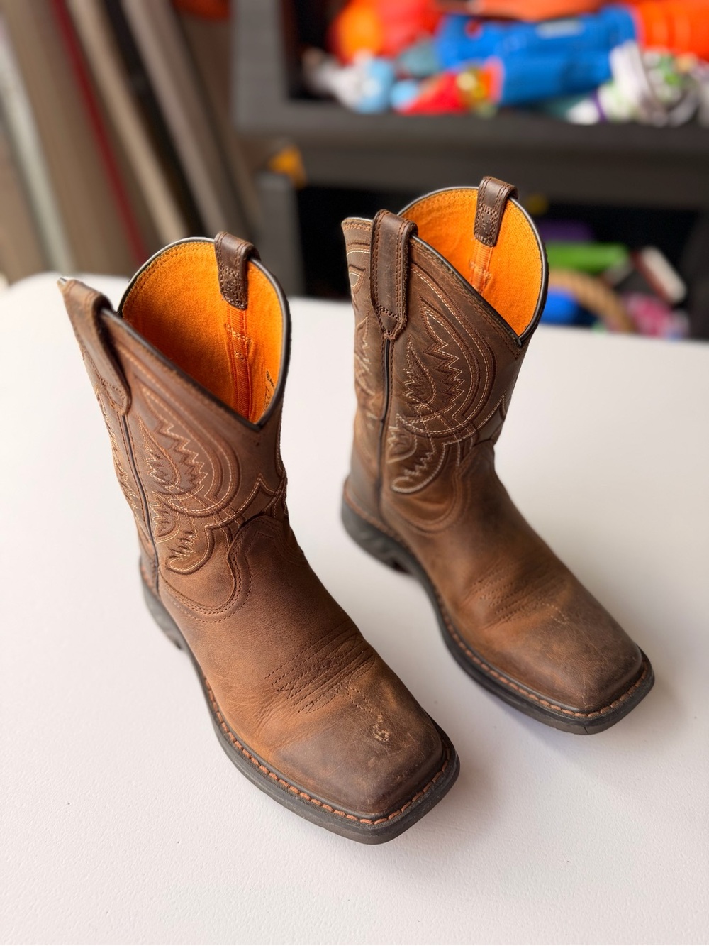 Ariat Kids Brown Leather Western Boots with Bright Orange Interior